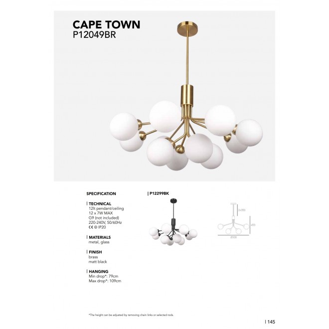 COSMOLIGHT P12049BR | Cape-Town Cosmolight visilice svjetiljka 12x G9 mesing, opal