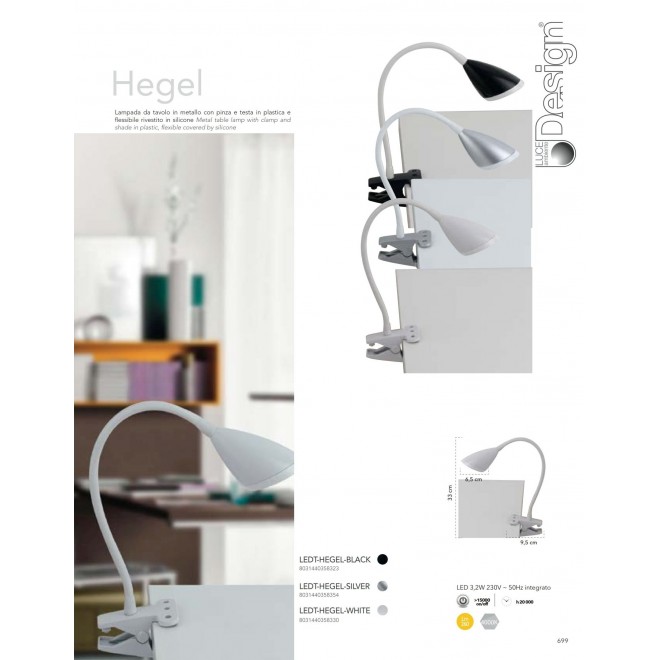 FANEUROPE LEDT-HEGEL-WHITE | Hegel Faneurope svjetiljke sa štipaljkama svjetiljka Luce Ambiente Design s prekidačem fleksibilna 1x LED 260lm 4000K bijelo, opal